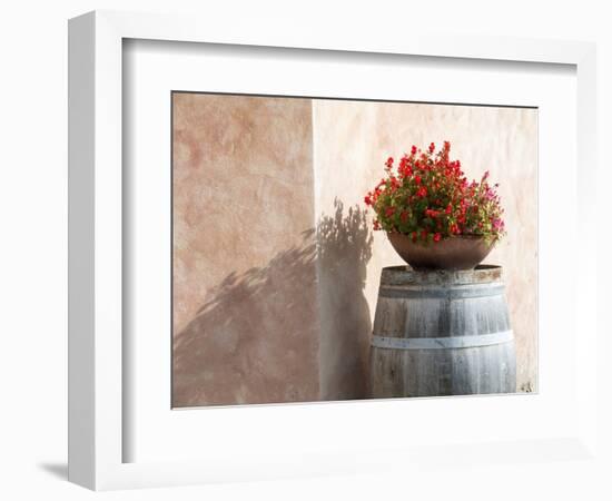 Europe, Italy, Tuscany. Flower Pot on Old Wine Barrel at Winery-Julie Eggers-Framed Photographic Print