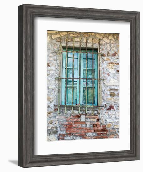 Europe, Italy, Tuscany. Turquoise Window on Brick Building-Julie Eggers-Framed Photographic Print