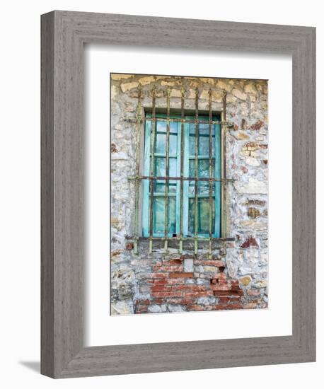 Europe, Italy, Tuscany. Turquoise Window on Brick Building-Julie Eggers-Framed Photographic Print