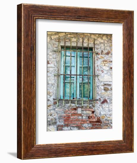 Europe, Italy, Tuscany. Turquoise Window on Brick Building-Julie Eggers-Framed Photographic Print