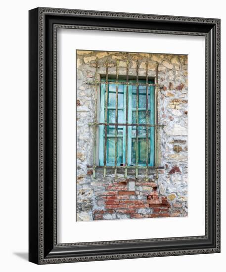 Europe, Italy, Tuscany. Turquoise Window on Brick Building-Julie Eggers-Framed Photographic Print