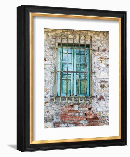 Europe, Italy, Tuscany. Turquoise Window on Brick Building-Julie Eggers-Framed Photographic Print