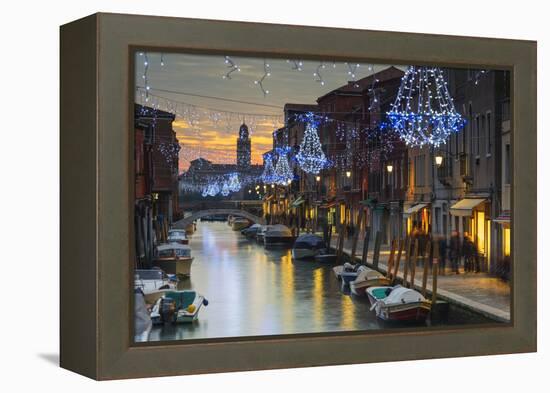 Europe, Italy, Veneto, Venice, Murano, Christmas Decoration on a Canal-Christian Kober-Framed Premier Image Canvas