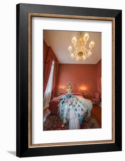 Europe, Italy, Venice. Woman Wearing Carnival Costume in Bedroom-Jaynes Gallery-Framed Photographic Print