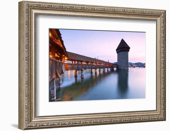 Europe, Switzerland, Lucerne. Bridge at dusk-ClickAlps-Framed Photographic Print