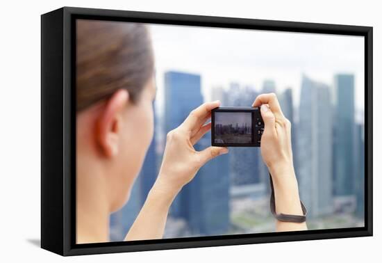 European Tourist Taking a Picture of Singapore Skyline-Harry Marx-Framed Premier Image Canvas