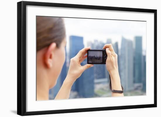 European Tourist Taking a Picture of Singapore Skyline-Harry Marx-Framed Photographic Print