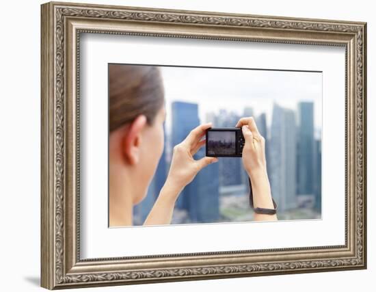 European Tourist Taking a Picture of Singapore Skyline-Harry Marx-Framed Photographic Print