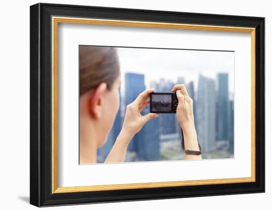 European Tourist Taking a Picture of Singapore Skyline-Harry Marx-Framed Photographic Print