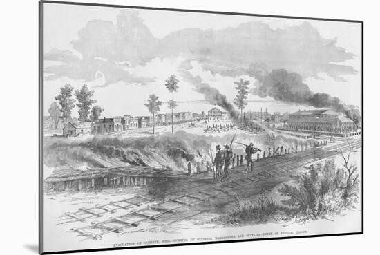 Evacuation of Corinth, Mississippi by Railroad Tracks; Burning of Warehouses-Frank Leslie-Mounted Art Print