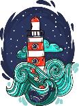 Vector Illustration Lighthouse in Storm Night Stars Space Waves Cloud-evasabrekova-Art Print