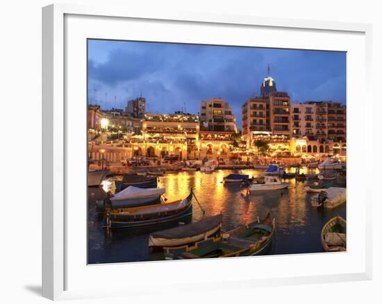 Evening across Spinola Bay with Restaurants, St. Julian`S, Malta, Mediterranean, Europe-Stuart Black-Framed Photographic Print