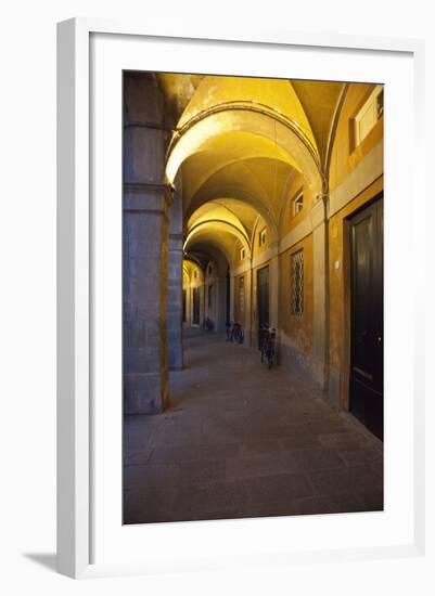 Evening and Lighted Arched Hallway, Lucca, Italy-Terry Eggers-Framed Photographic Print