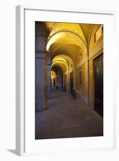 Evening and Lighted Arched Hallway, Lucca, Italy-Terry Eggers-Framed Photographic Print