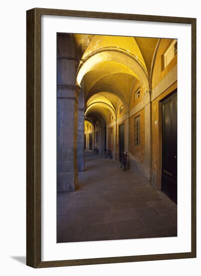 Evening and Lighted Arched Hallway, Lucca, Italy-Terry Eggers-Framed Photographic Print