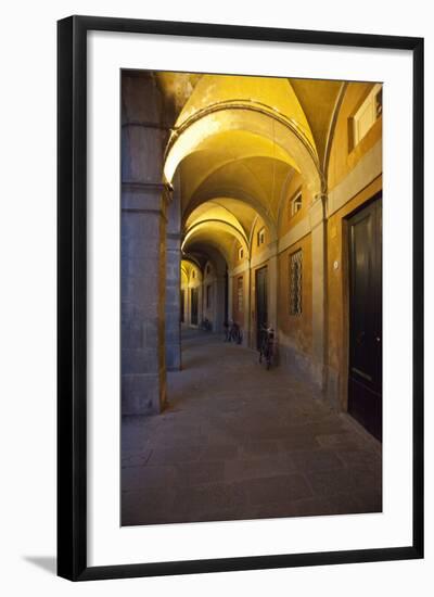 Evening and Lighted Arched Hallway, Lucca, Italy-Terry Eggers-Framed Photographic Print