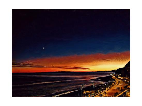 Evening Italian Coast Landscape View Orange Sunset And Dark Sky