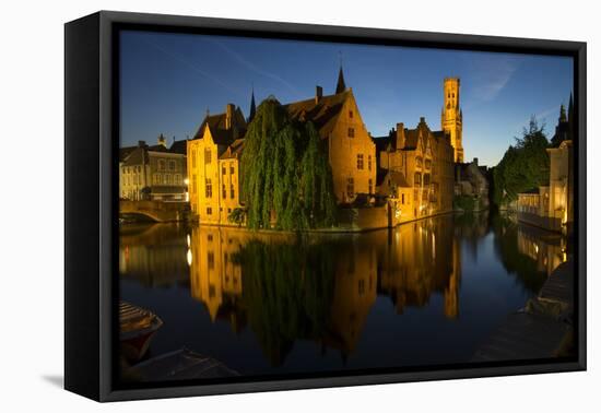 Evening reflections on Rozenhoedkaai, with Belfry (Belfort) Tower, UNESCO World Heritage Site, Brug-Peter Barritt-Framed Premier Image Canvas