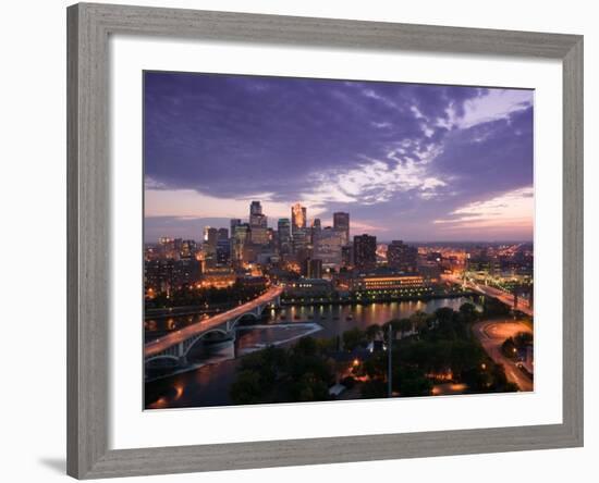 Evening Skyline Scene from St. Anthony Main, Minneapolis, Minnesota-Walter Bibikow-Framed Photographic Print