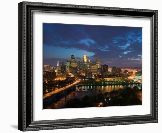 Evening Skyline Scene from St. Anthony Main, Minneapolis, Minnesota-Walter Bibikow-Framed Photographic Print