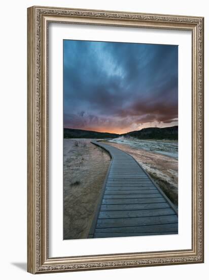 Evening Storm Clouds Gather Over A Boardwalk In Biscuit Basin, Yellowstone National Park-Bryan Jolley-Framed Photographic Print