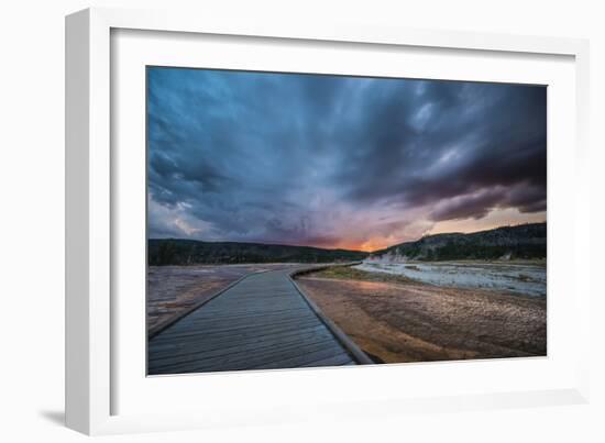 Evening Storm Clouds Gather Over A Boardwalk In Biscuit Basin, Yellowstone National Park-Bryan Jolley-Framed Photographic Print