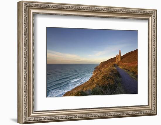 Evening sunlight on the ruins of a tin mine, on the Atlantic coast of Cornwall-Nigel Hicks-Framed Photographic Print