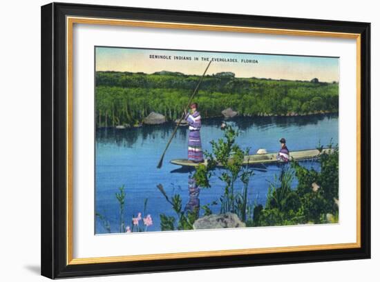Everglades Nat'l Park, Florida - Seminole Indians in Longboat-Lantern Press-Framed Art Print