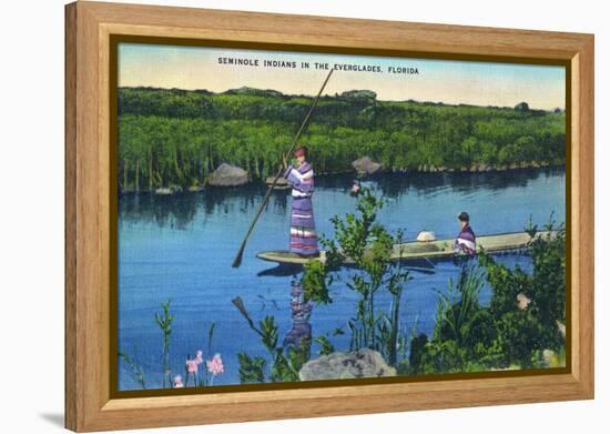 Everglades Nat'l Park, Florida - Seminole Indians in Longboat-Lantern Press-Framed Stretched Canvas