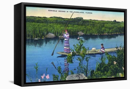 Everglades Nat'l Park, Florida - Seminole Indians in Longboat-Lantern Press-Framed Stretched Canvas