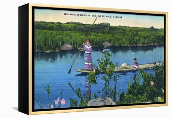 Everglades Nat'l Park, Florida - Seminole Indians in Longboat-Lantern Press-Framed Stretched Canvas