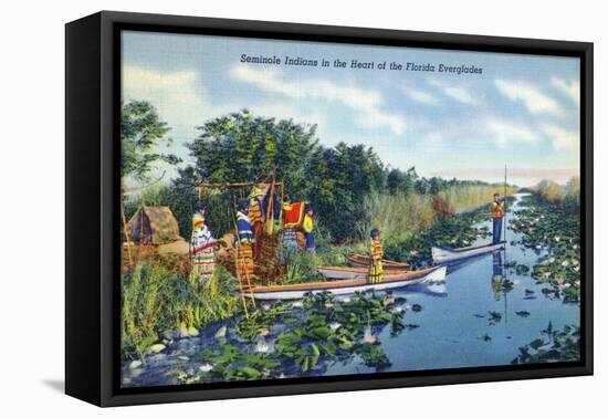 Everglades Nat'l Park, Florida - Seminole Indians in Longboats-Lantern Press-Framed Stretched Canvas