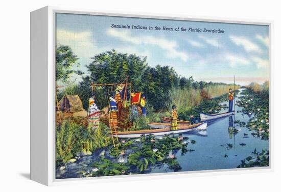 Everglades Nat'l Park, Florida - Seminole Indians in Longboats-Lantern Press-Framed Stretched Canvas