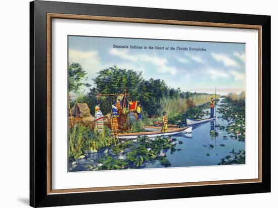 Everglades Nat'l Park, Florida - Seminole Indians in Longboats-Lantern Press-Framed Art Print