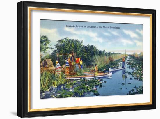 Everglades Nat'l Park, Florida - Seminole Indians in Longboats-Lantern Press-Framed Art Print