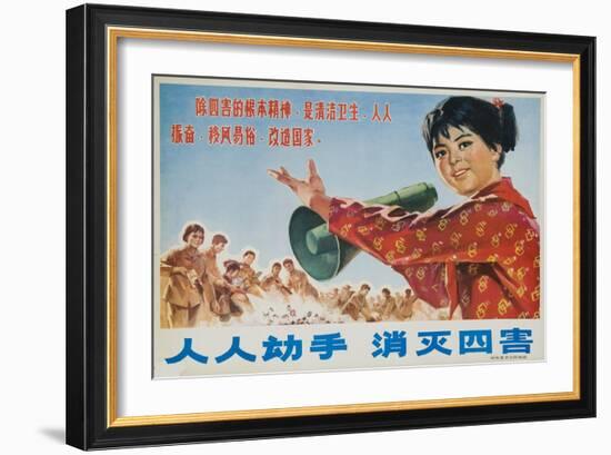 Everyone Together to Kill the 4 Evils, Original Chinese Cultural Revolution-null-Framed Giclee Print