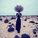 Fashion Photo. Girl in the Desert with a Bouquet Dead Branches-Evgeniya Porechenskaya-Photographic Print