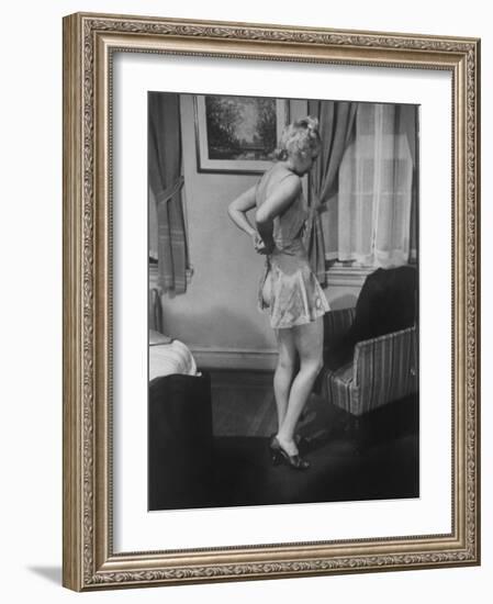 Ex-Burlesque Stripper June St. Clair with Knee Sexily Crooked, Allen Gilbert School of Undressing-Peter Stackpole-Framed Photographic Print