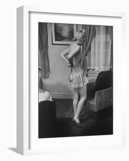 Ex-Burlesque Stripper June St. Clair with Knee Sexily Crooked, Allen Gilbert School of Undressing-Peter Stackpole-Framed Photographic Print