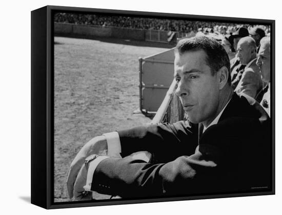 Ex Yankee Baseball Player Joe DiMaggio, Leaning over Rail Watching 3rd Game of the World Series-Grey Villet-Framed Premier Image Canvas