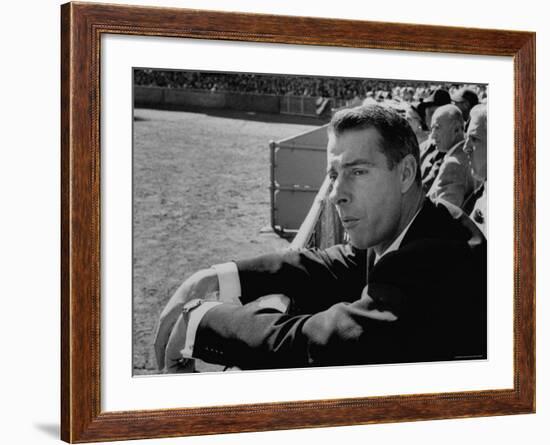 Ex Yankee Baseball Player Joe DiMaggio, Leaning over Rail Watching 3rd Game of the World Series-Grey Villet-Framed Premium Photographic Print