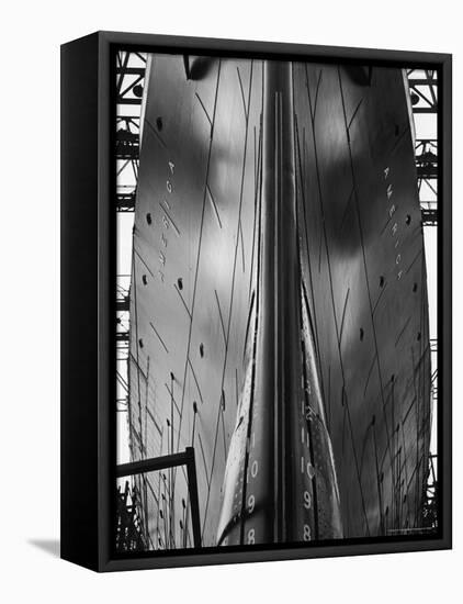 Exact Front View Looking Up at the Hull of Oceanliner, America, Showing Depth Numbers-Alfred Eisenstaedt-Framed Premier Image Canvas