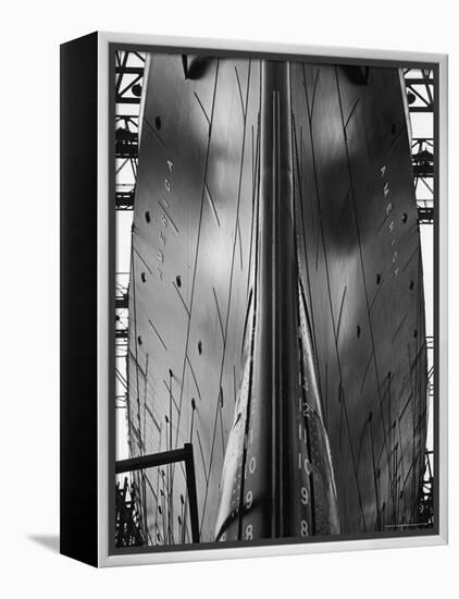 Exact Front View Looking Up at the Hull of Oceanliner, America, Showing Depth Numbers-Alfred Eisenstaedt-Framed Premier Image Canvas