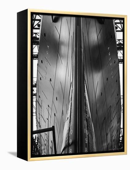 Exact Front View Looking Up at the Hull of Oceanliner, America, Showing Depth Numbers-Alfred Eisenstaedt-Framed Premier Image Canvas