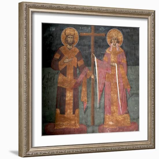 Exaltation of the Cross. Saints Constantine the Great and Helena, Ca 1350-null-Framed Giclee Print