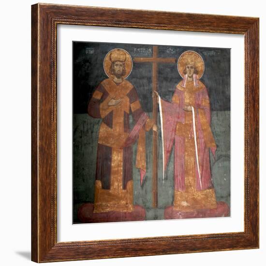 Exaltation of the Cross. Saints Constantine the Great and Helena, Ca 1350-null-Framed Giclee Print