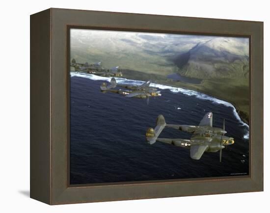 Excellent of a Squadron of American P-38 Fighters in Flight over an Aleutian Island-Dmitri Kessel-Framed Premier Image Canvas