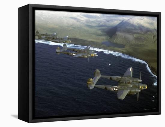 Excellent of a Squadron of American P-38 Fighters in Flight over an Aleutian Island-Dmitri Kessel-Framed Premier Image Canvas