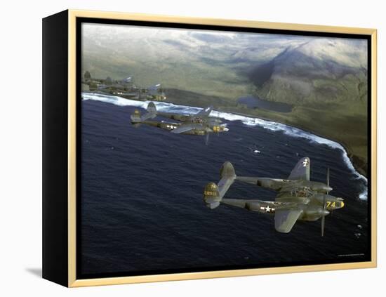 Excellent of a Squadron of American P-38 Fighters in Flight over an Aleutian Island-Dmitri Kessel-Framed Premier Image Canvas