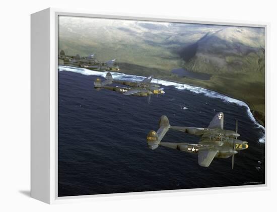 Excellent of a Squadron of American P-38 Fighters in Flight over an Aleutian Island-Dmitri Kessel-Framed Premier Image Canvas